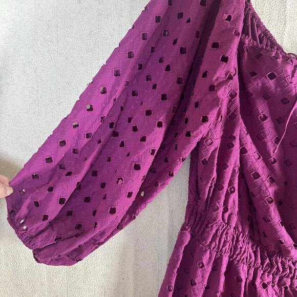 Eloquii Fuscia Eyelet Lace Tiered Dress Cotton  Puff Sleeve Peasant S 22 NWT - Picture 4 of 13